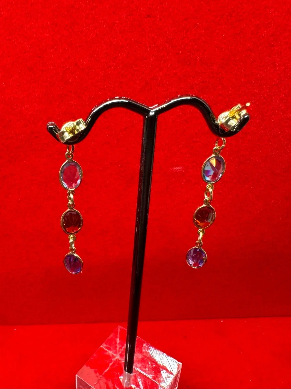 14k Gold Multistone Drop Earrings with Blue, Red and Purple Gemstones